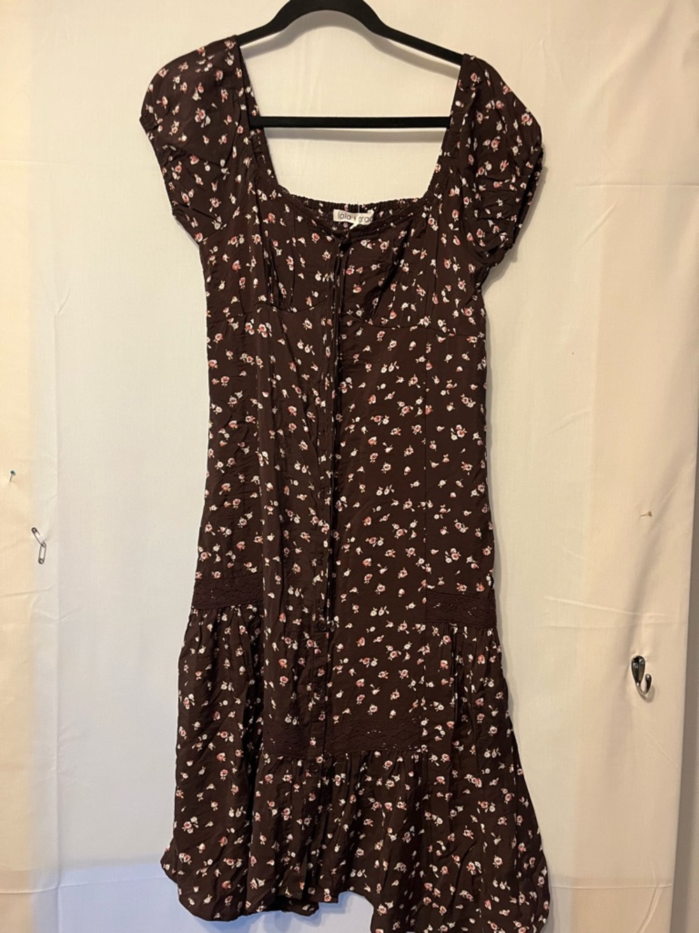 Brown Midi Dress with Pink Floral Print